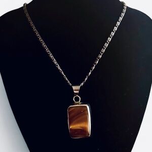 Vtg Tiger’s Eye & Sterling Silver Modernist Pendant